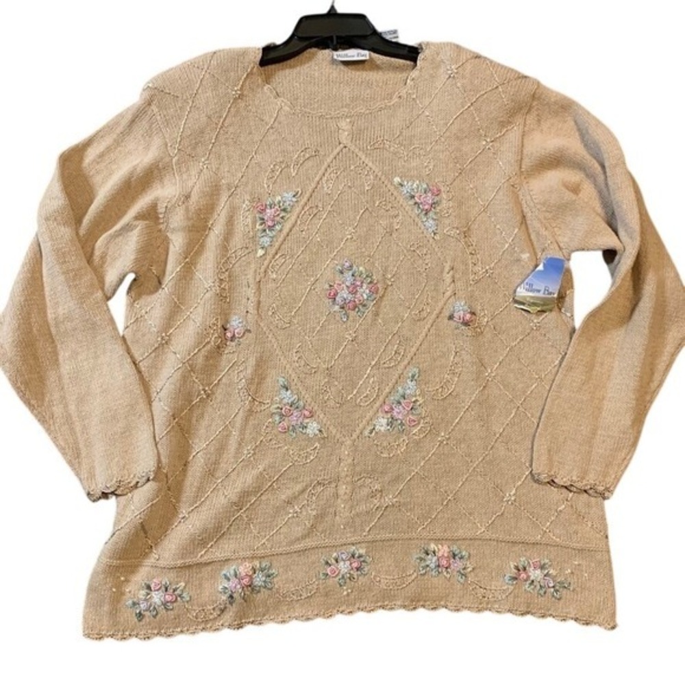 Willow Bay Womens 22W 24W Taupe Floral Embroidered Sweater NWT Granny Cottage